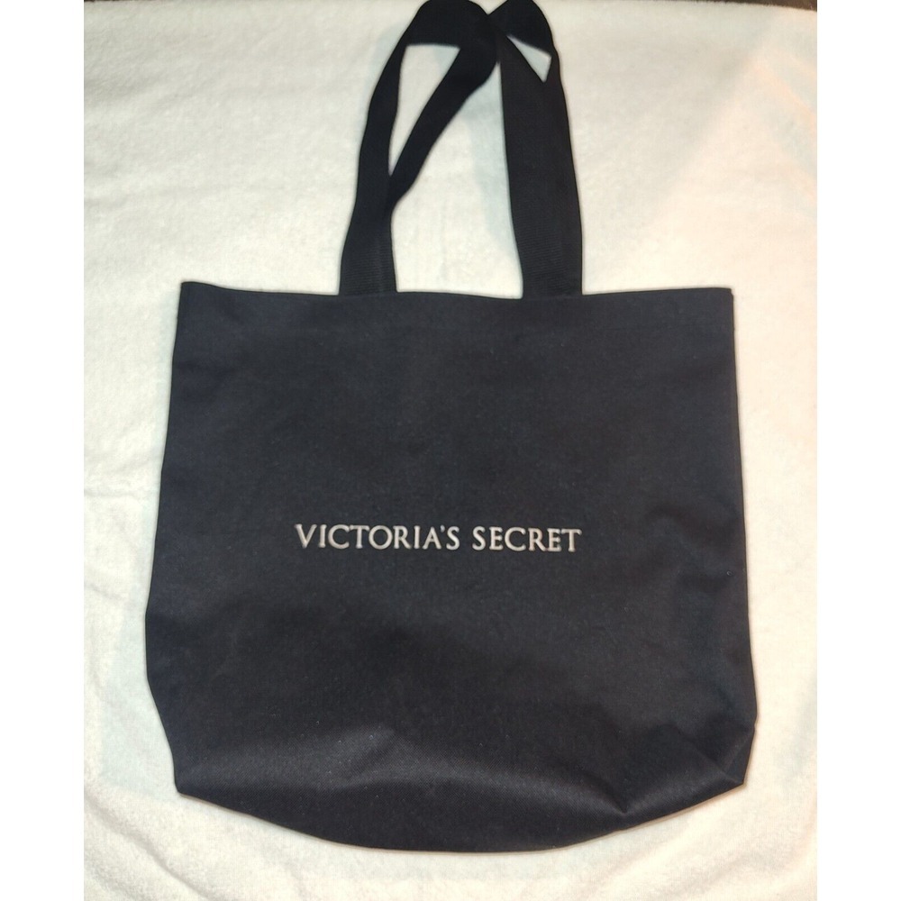 Victoria's Secret Bag Black Canvas Embroidered Tote Shopping Book Travel